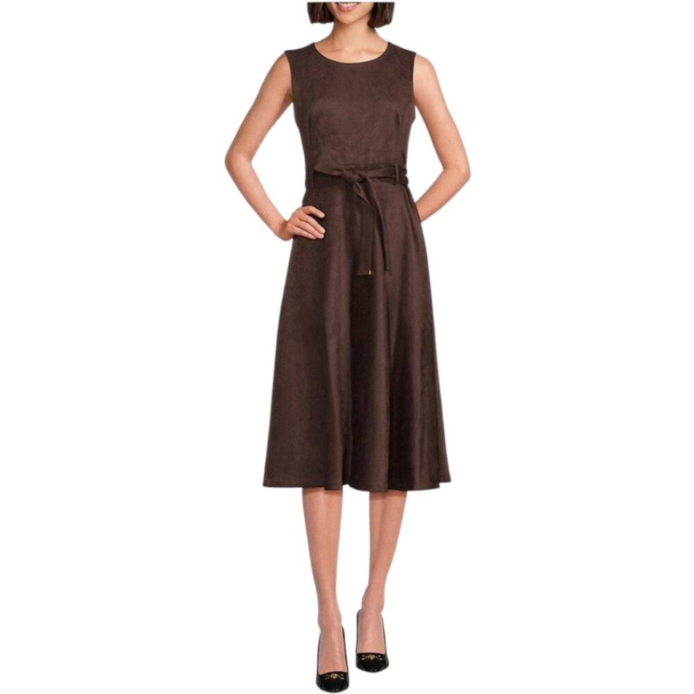 Calvin Klein Brown Vegan Suede Moleskin Belted Fit Flare Dress‎ Plus Size 20 W